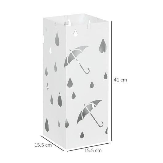 PORTAOMBRELLI IN METALLO CON 4 GANCI E VASCHETTA RACCOGLIGOCCE, 15.5X15.5X41CM, BIANCO