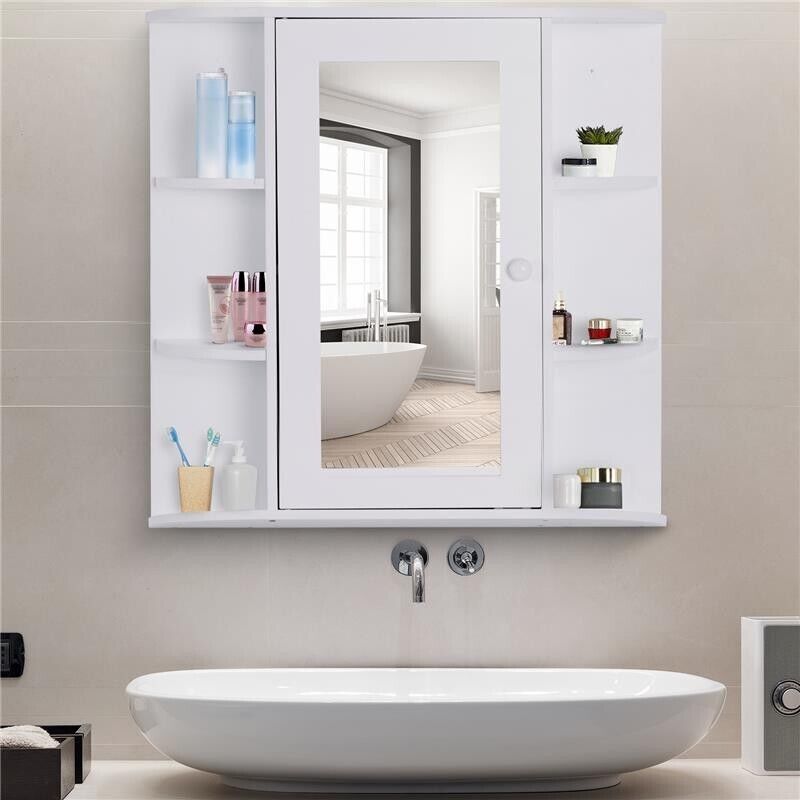 MOBILETTO PENSILE CON SPECCHIO E MENSOLE PER BAGNO 66X17X63 CM IN LEGNO BIANCO