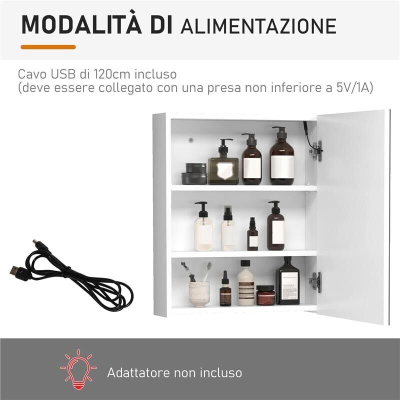 ARMADIETTO PENSILE DA BAGNO CON 1 ANTA SPECCHIO E LUCI A LED 60 X 50 X 15 CM