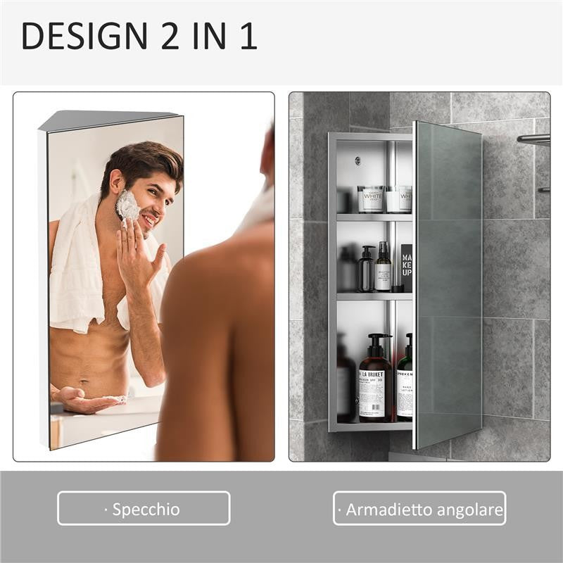 ARMADIETTO PENSILE ANGOLARE DA BAGNO IN ACCIAIO CON SPECCHIO 60 X 30 X 18.4CM