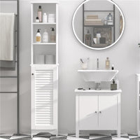 COLONNA BAGNO CON RIPIANO A 3 LIVELLI E ARMADIETTO CHIUSO, IN MDF E TRUCIOLATO, 34X20X165 CM, BIANCO