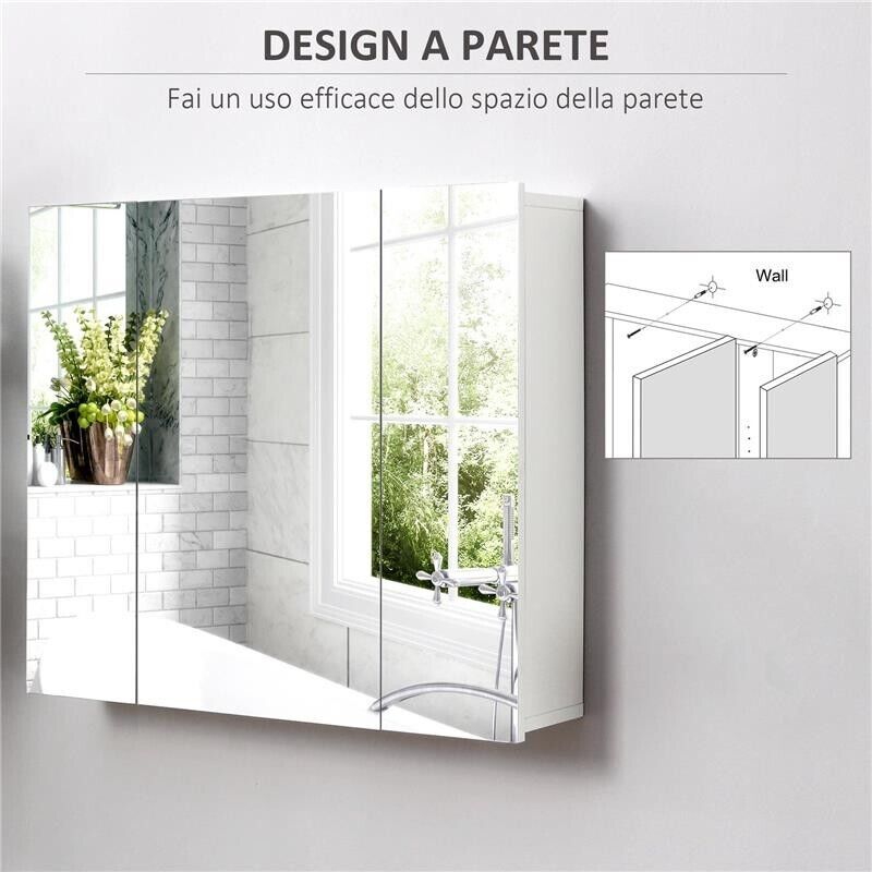 ARMADIETTO BAGNO CON 3 ANTE SPECCHIATE E RIPIANI REGOLABILI, 70X15X60CM, BIANCO