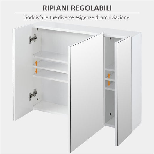 ARMADIETTO BAGNO CON 3 ANTE SPECCHIATE E RIPIANI REGOLABILI, 70X15X60CM, BIANCO