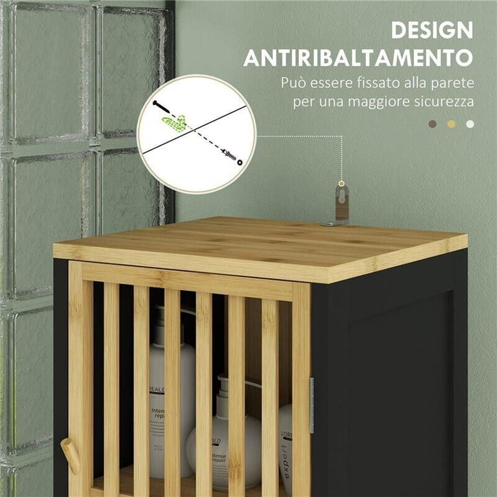 MOBILETTO BAGNO A DOGHE CON 2 RIPIANI APERTI E 2 ARMADIETTI, IN MDF E BAMBÙ, 32X30X172 CM, NERO E COLOR LEGNO