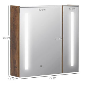 SPECCHIERA BAGNO CON LUCI LED REGOLABILI, 2 ANTE E MENSOLA REGOLABILE, 70X15X65CM, MARRONE