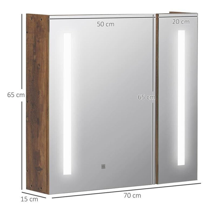 SPECCHIERA BAGNO CON LUCI LED REGOLABILI, 2 ANTE E MENSOLA REGOLABILE, 70X15X65CM, MARRONE