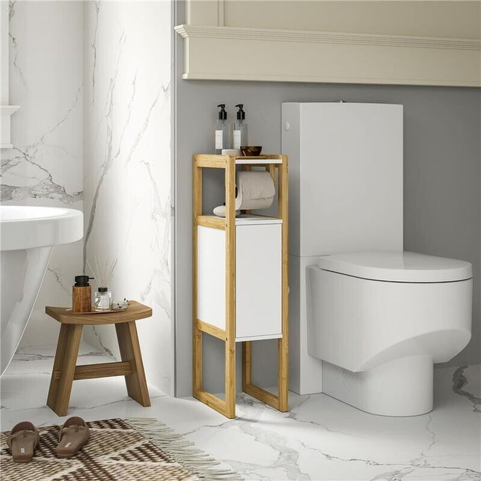 MOBILE BAGNO SALVASPAZIO CON PORTA CARTA IGIENICA, ARMADIETTO E RIPIANO IN BAMBÙ, 20X33X80CM, BIANCO