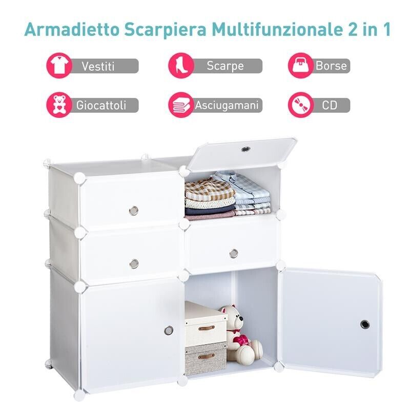 ARMADIO GUARDAROBA SCARPIERA MODULARE IN PLASTICA 6 CUBI 75X37X73 CM BIANCO