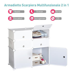 ARMADIO GUARDAROBA SCARPIERA MODULARE IN PLASTICA 6 CUBI 75X37X73 CM BIANCO