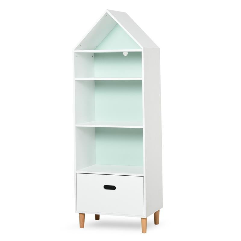 LIBRERIA PORTAGIOCHI PER CAMERETTA CON 1 CASSETTO E 4 RIPIANI BIANCO E AZZURRO