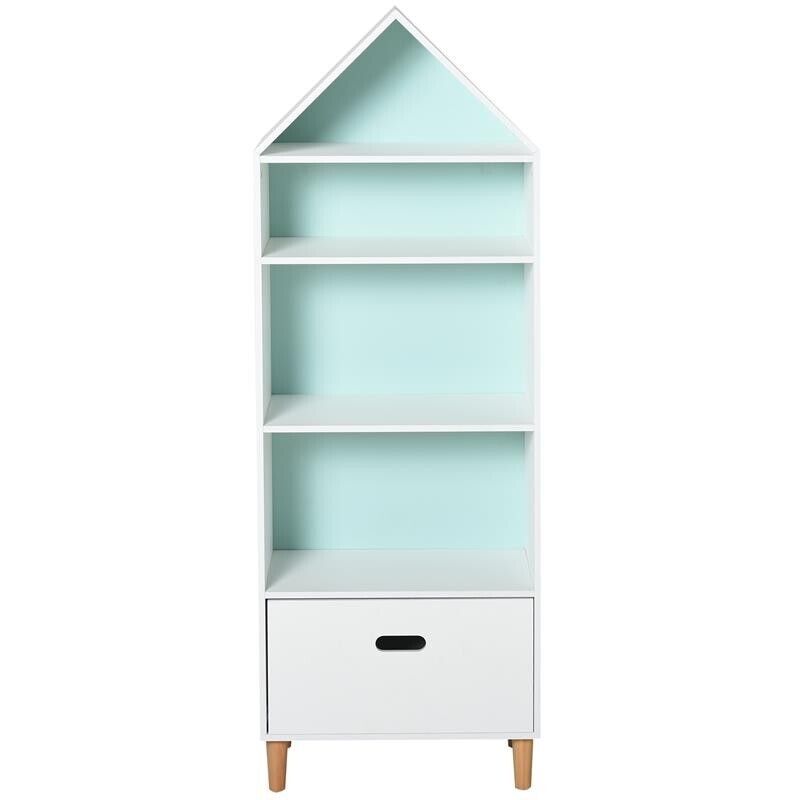 LIBRERIA PORTAGIOCHI PER CAMERETTA CON 1 CASSETTO E 4 RIPIANI BIANCO E AZZURRO