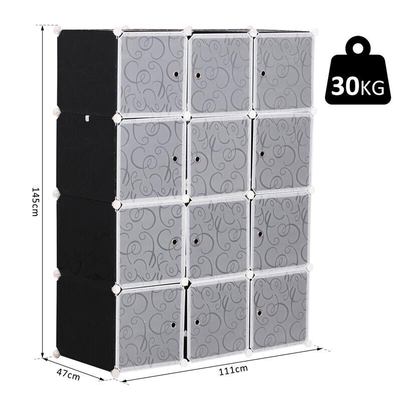 ARMADIO GUARDAROBA MODULARE 12 CUBI IN PP BIANCO E NERO 111 X 47 X 145 CM