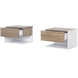 SET 2 COMODINI SOSPESI A PARETE CON CASSETTO E MENSOLA BIANCO E ROVERE