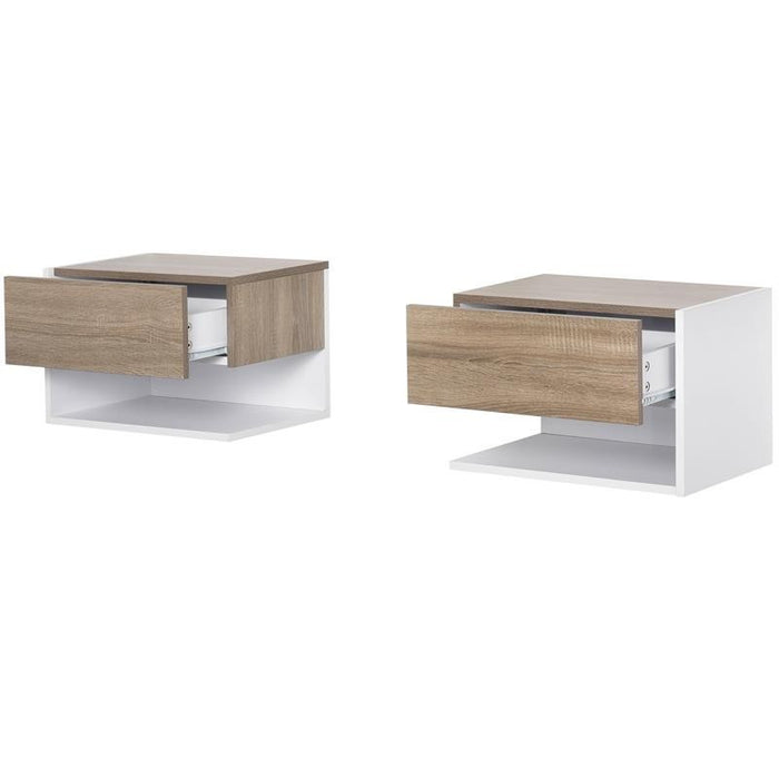 SET 2 COMODINI SOSPESI A PARETE CON CASSETTO E MENSOLA BIANCO E ROVERE