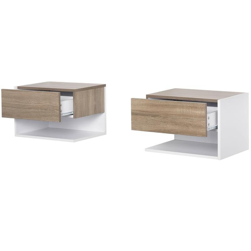 SET 2 COMODINI SOSPESI A PARETE CON CASSETTO E MENSOLA BIANCO E ROVERE