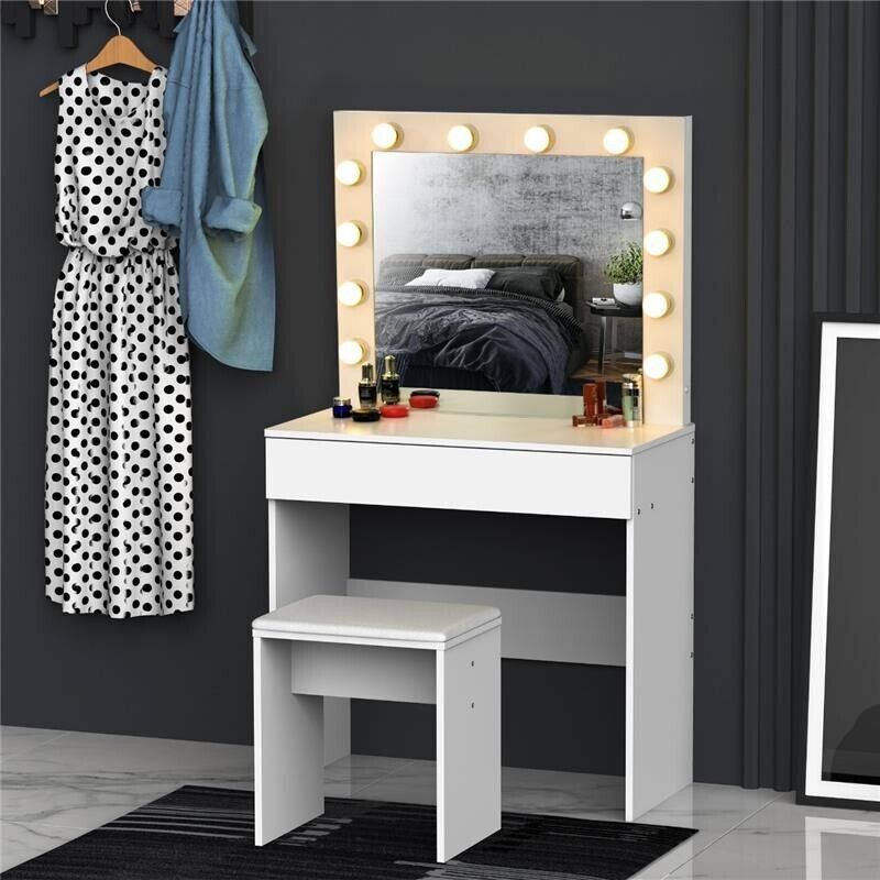 SET TAVOLO DA TRUCCO CON SPECCHIO 12 LUCI LED CASSETTO E SGABELLO IN LEGNO BIANCO