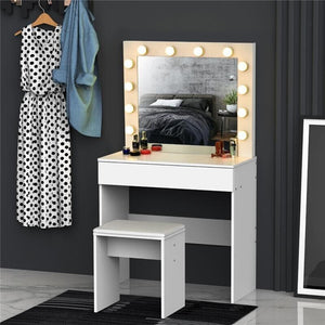 SET TAVOLO DA TRUCCO CON SPECCHIO 12 LUCI LED CASSETTO E SGABELLO IN LEGNO BIANCO