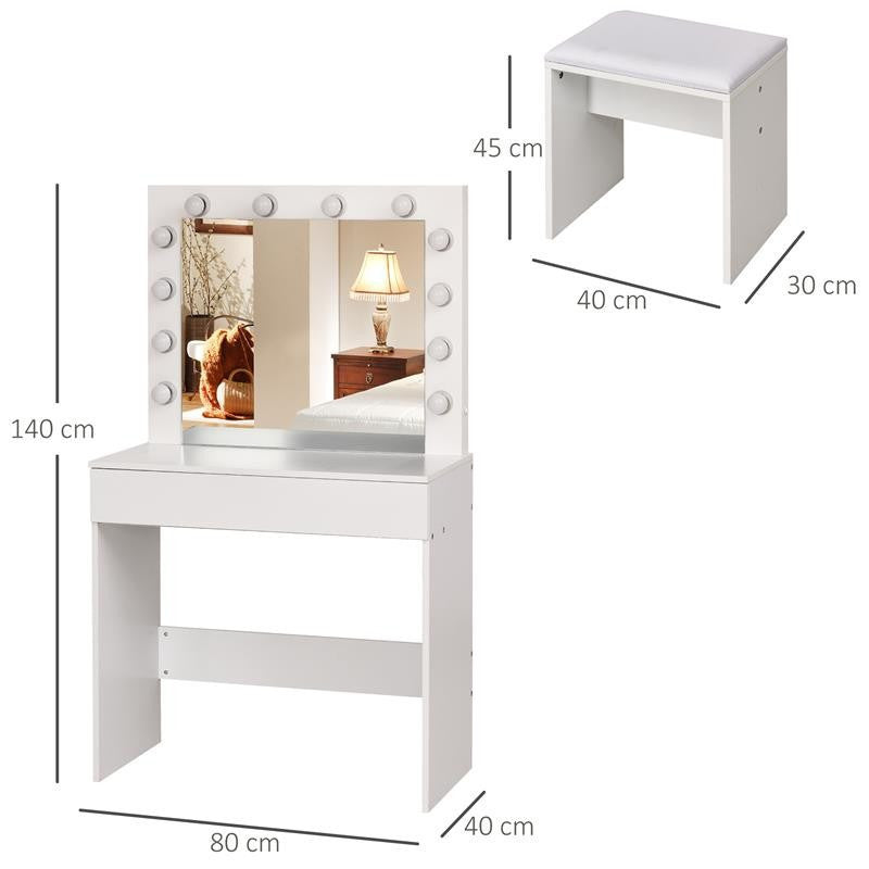 SET TAVOLO DA TRUCCO CON SPECCHIO 12 LUCI LED CASSETTO E SGABELLO IN LEGNO BIANCO