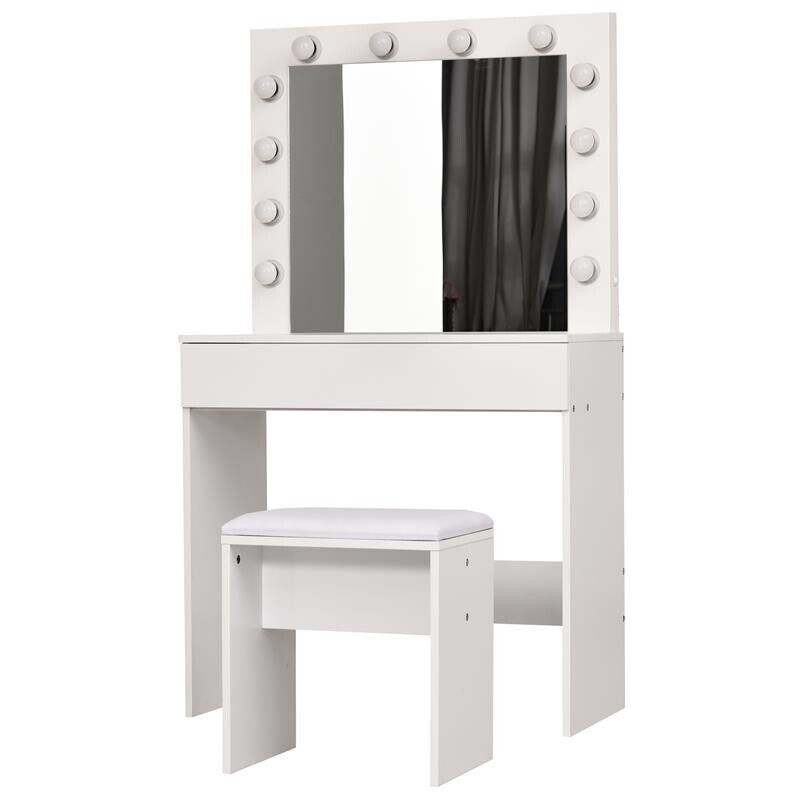 SET TAVOLO DA TRUCCO CON SPECCHIO 12 LUCI LED CASSETTO E SGABELLO IN LEGNO BIANCO