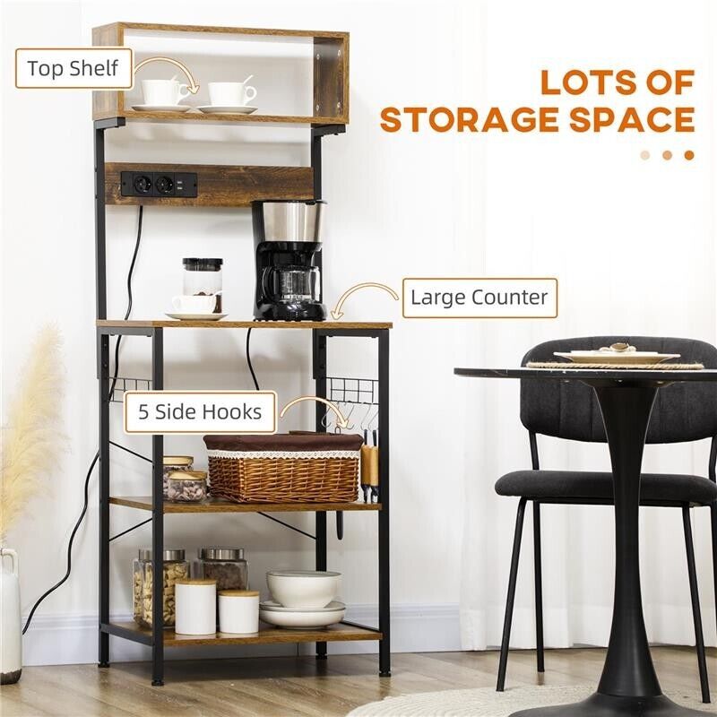 SCAFFALE CUCINA CON MULTIPRESA, RIPIANI E GANCI STILE INDUSTRIALE, 60X42X153CM, MARRONE