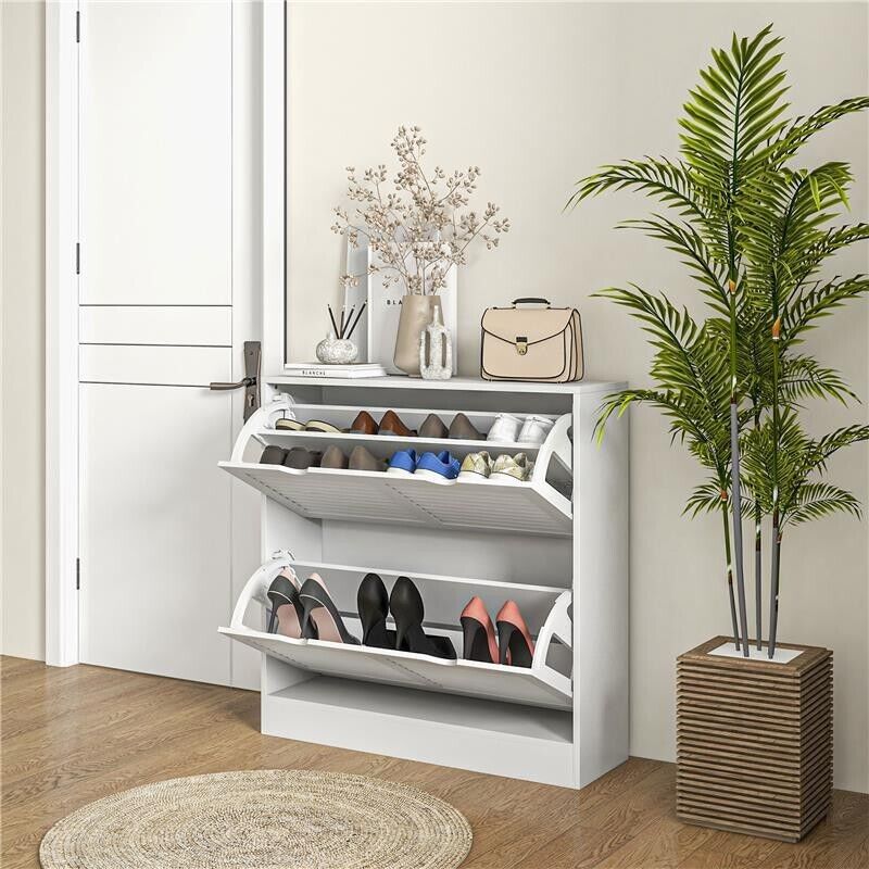 MOBILE SCARPIERA SALVASPAZIO IN LEGNO PER 16 PAIA DI SCARPE CON 2 ANTE A RIBALTA, 81.5X25X83CM, BIANCO