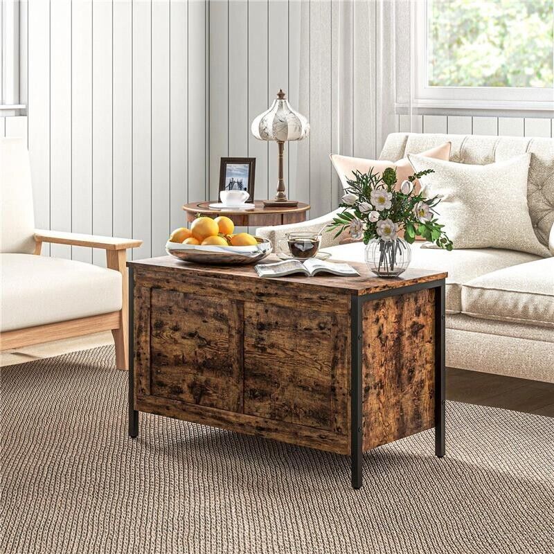 CASSAPANCA IN LEGNO DA 95L STILE INDUSTRIALE CON COPERCHIO E CERNIERA DI SICUREZZA, 80X40X49CM, MARRONE