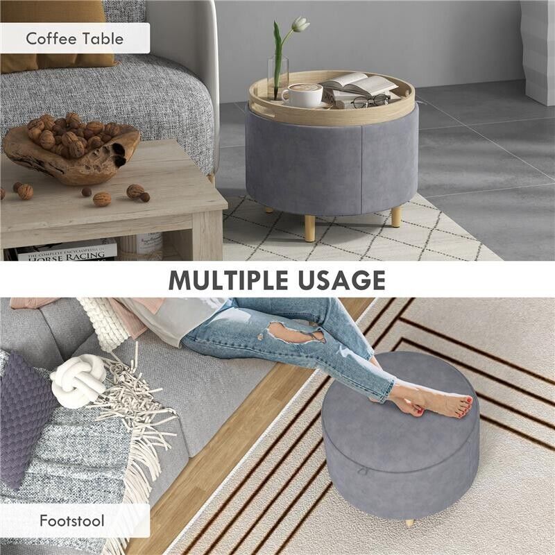 POUF CONTENITORE VELLUTATO DA 120 KG MAX CON VASSOIO A RIBALTA, IN MDF E ROVERE, 56X56X42 CM, GRIGIO