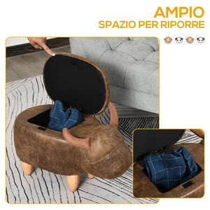 POUF CONTENITORE A FORMA DI BUFALO, SGABELLO POGGIAPIEDI CON STRUTTURA IN LEGNO E SEDUTA IMBOTTITA, 62X35X36CM, MARRONE