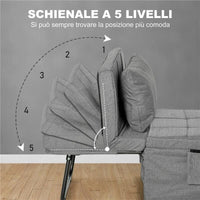 POUF LETTO PIEGHEVOLE MULTIUSO 4 IN 1 CON SCHIENALE RECLINABILE A 5 LIVELLI, GRIGIO