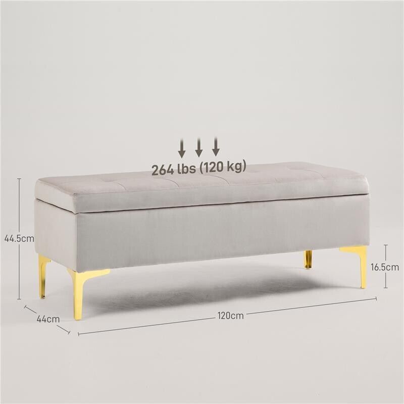 PANCA CONTENITORE FONDO LETTO CON TESSUTO VELLUTATO E GAMBE DORATE, 120X44X44.5CM, GRIGIO CHIARO