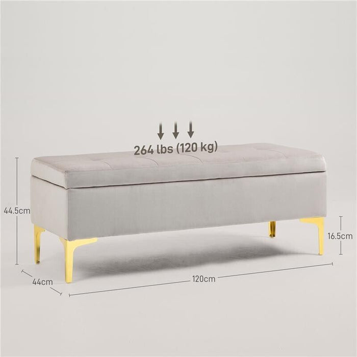 PANCA CONTENITORE FONDO LETTO CON TESSUTO VELLUTATO E GAMBE DORATE, 120X44X44.5CM, GRIGIO CHIARO