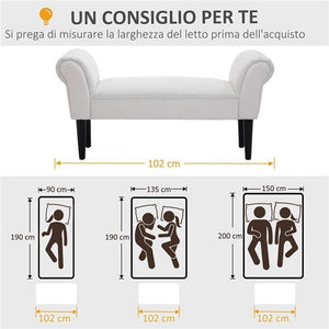 PANCA FONDO LETTO IMBOTTITA CON BRACCIOLI ARROTOLATI E 4 PIEDINI, 102X35X51 CM, GRIGIA