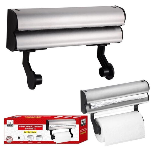 MA MAISON PORTA ROTOLO TRIPLO DA PARETE 34X9X20H CM PER CARTA ALLUMINIO E PELLICOLA