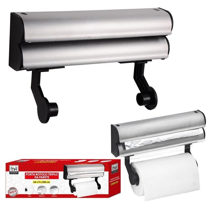 MA MAISON PORTA ROTOLO TRIPLO DA PARETE 34X9X20H CM PER CARTA ALLUMINIO E PELLICOLA