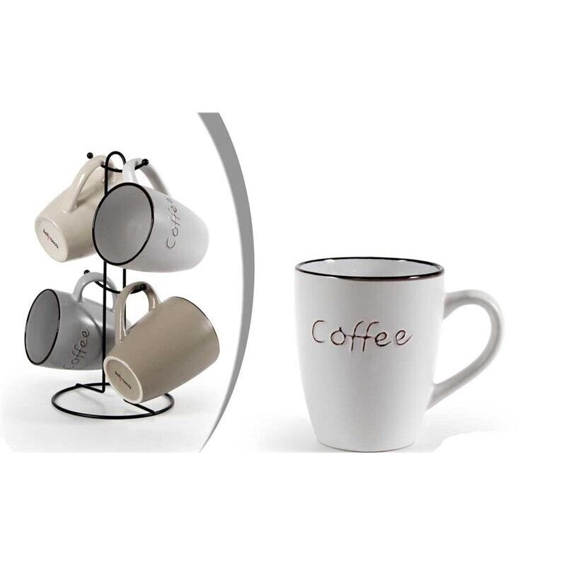 SET 4 TAZZE MUG CON STAND IN METALLO DA 360ML IN DECORO SCRITTA COFFEE E COLORI VARI