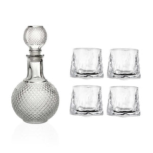 SET BOTTIGLIA SFERA IN VETRO DA 1 LITRO CON 4 BICCHIERI DA LIQUORE ROYAL CAPIENZA 150 ML