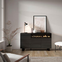 Credenza, Mobile, 150x35x87cm, 3 Porte, Camino elettrico, Design industriale, Nero RF2515