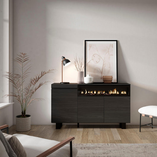 Credenza, Mobile, 150x35x87cm, 3 Porte, Camino elettrico, Design industriale, Nero RF2515