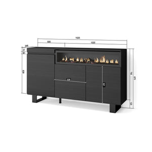 Credenza, Mobile, 150x35x87cm, 3 Porte, Camino elettrico, Design industriale, Nero RF2515