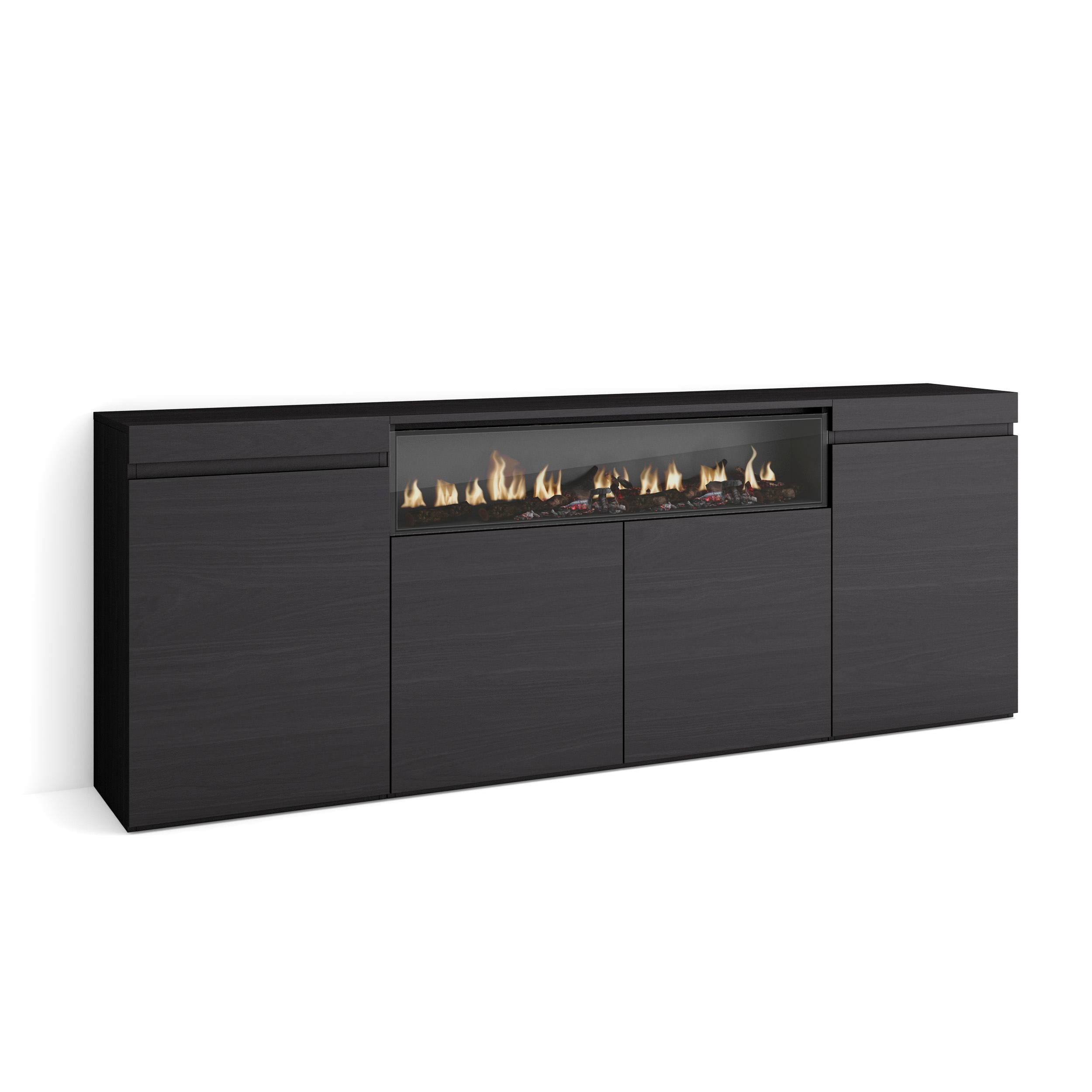 Credenza, Mobile, 200x35x75cm, 4 Porte, Camino elettrico, Nero RF2294