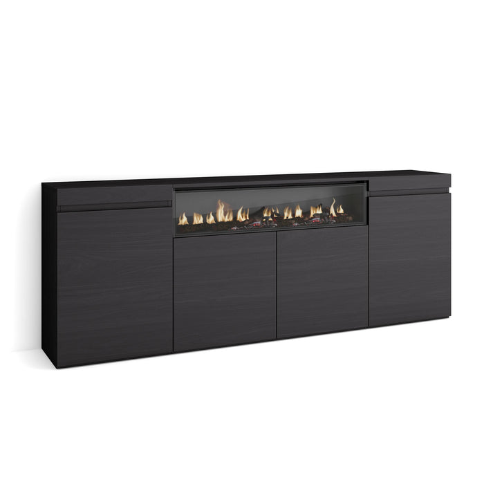 Credenza, Mobile, 200x35x75cm, 4 Porte, Camino elettrico, Nero RF2294