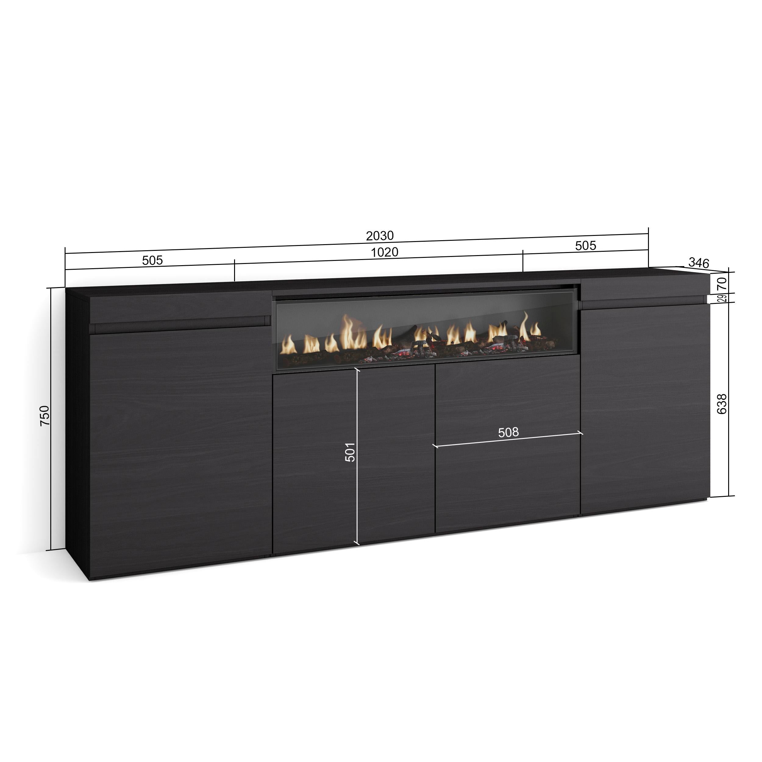 Credenza, Mobile, 200x35x75cm, 4 Porte, Camino elettrico, Nero RF2294