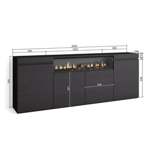 Credenza, Mobile, 200x35x75cm, 4 Porte, Camino elettrico, Nero RF2294