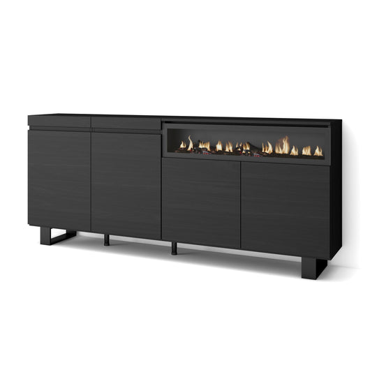 Credenza, Mobile, 200x35x87cm, 4 Porte, Camino elettrico, Design industriale, Nero RF2390