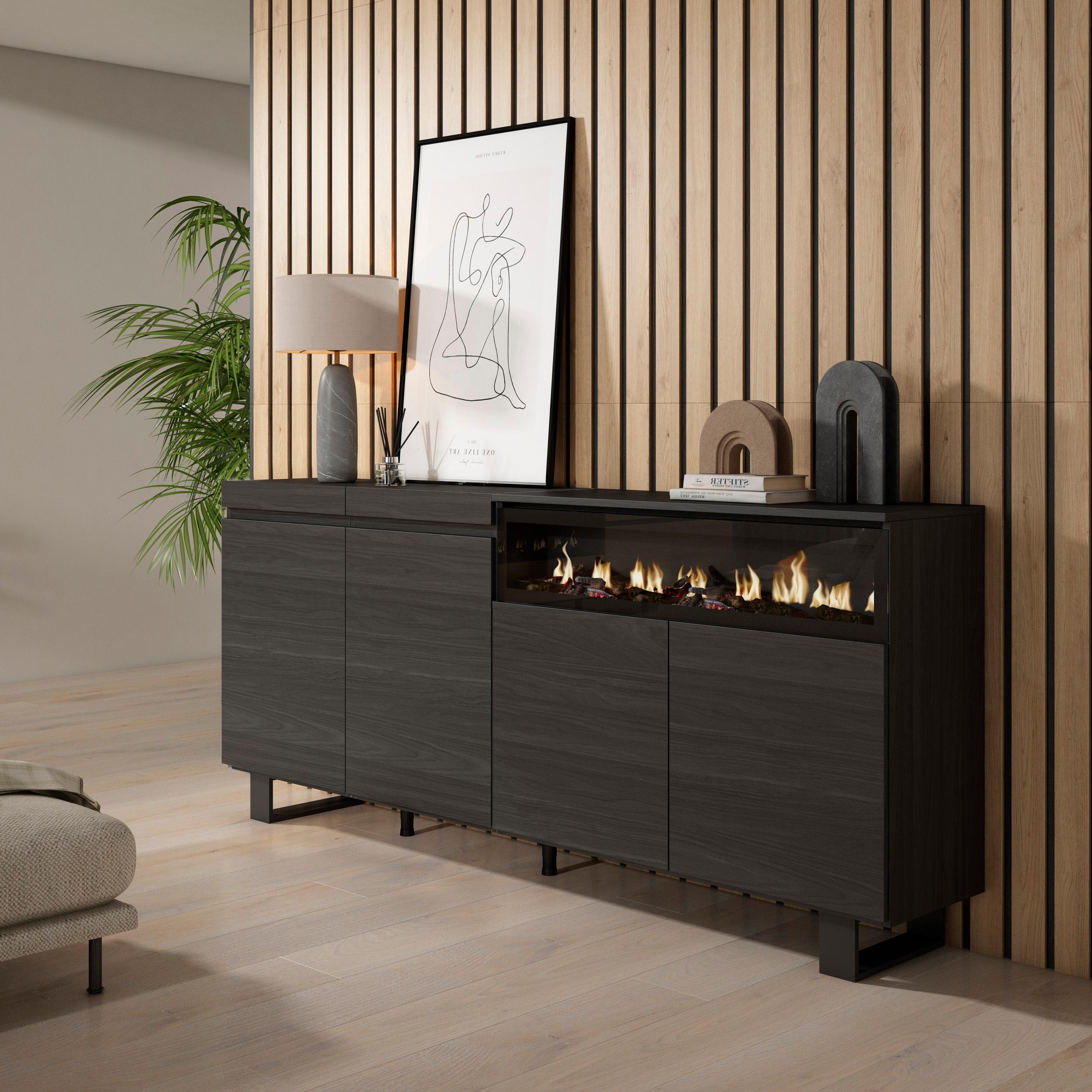 Credenza, Mobile, 200x35x87cm, 4 Porte, Camino elettrico, Design industriale, Nero RF2390