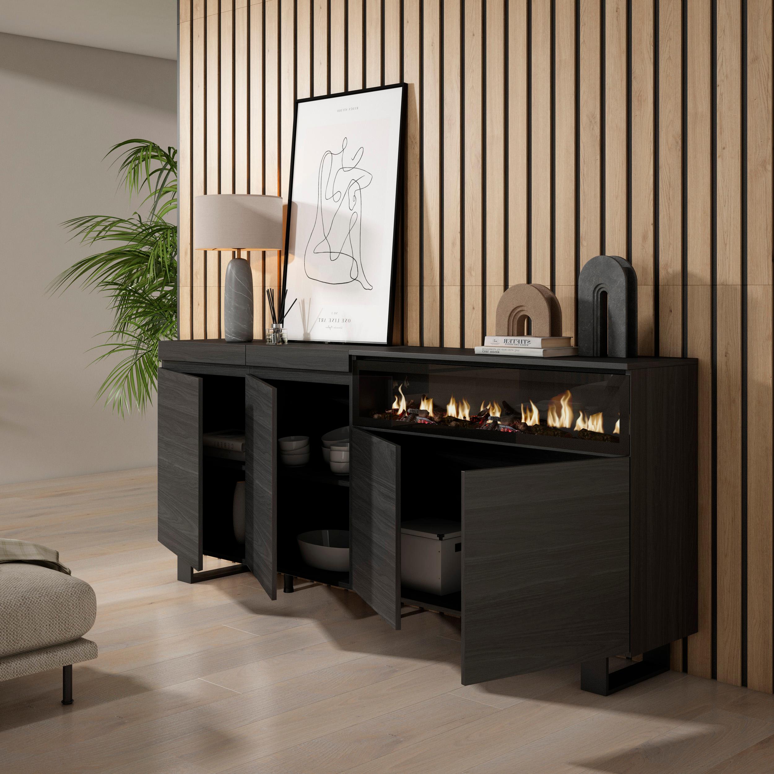 Credenza, Mobile, 200x35x87cm, 4 Porte, Camino elettrico, Design industriale, Nero RF2390