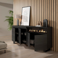 Credenza, Mobile, 200x35x87cm, 4 Porte, Camino elettrico, Design industriale, Nero RF2390