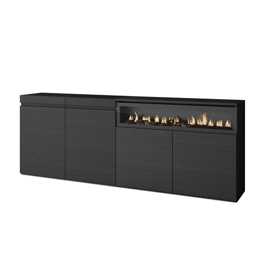 Credenza, Mobile, 200x35x75cm, 4 Porte, Camino elettrico, Nero RF2389