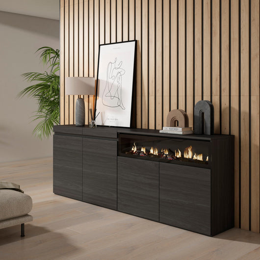 Credenza, Mobile, 200x35x75cm, 4 Porte, Camino elettrico, Nero RF2389
