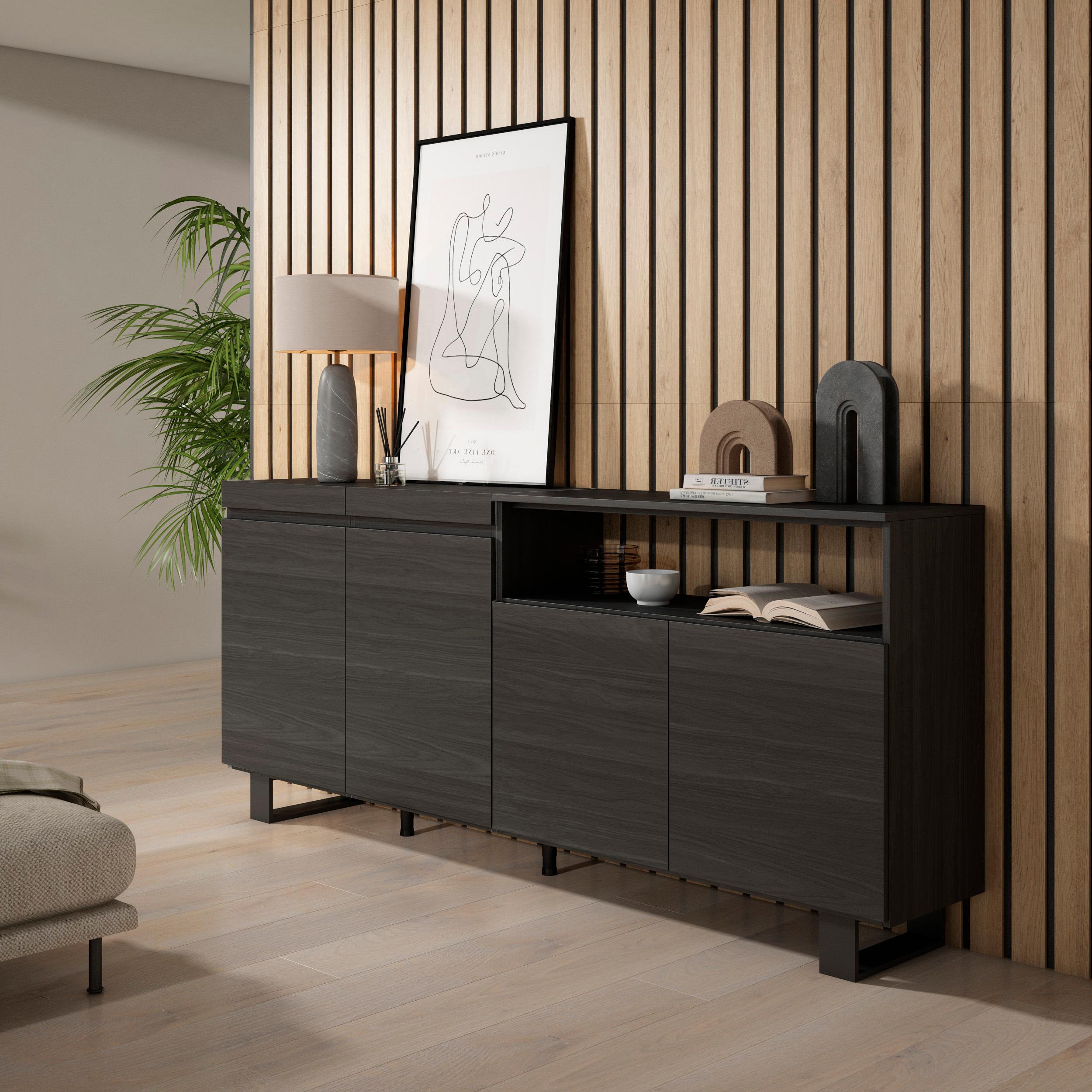 Credenza, Mobile, 200x35x87cm, 4 Porte, Design industriale, Nero RF2388